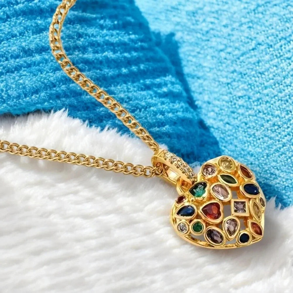 🆕️18K Gold Plated Rhinestone Heart Charm Necklace - Colorful Statement Piece✨ - Picture 10 of 14